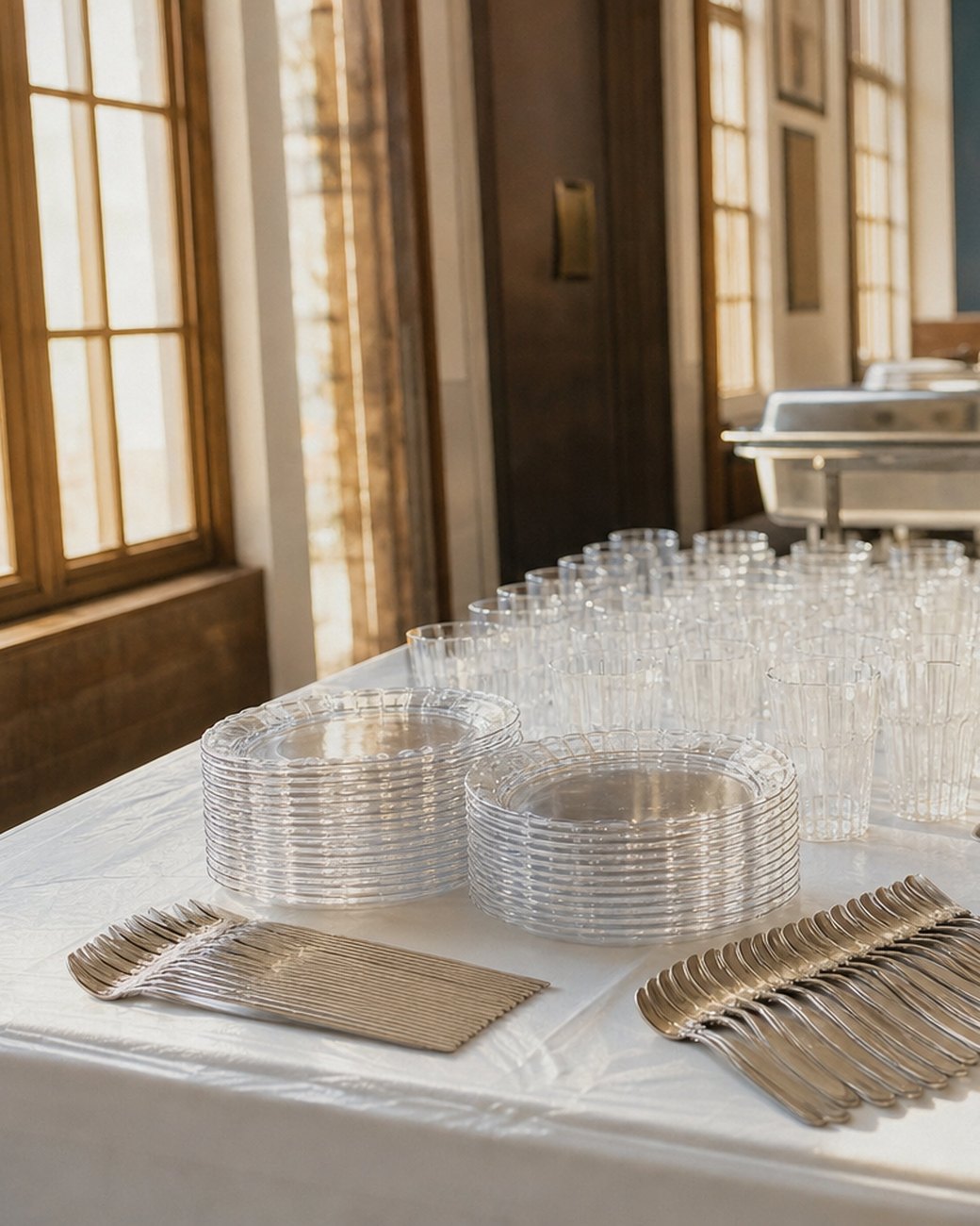 A long Chabad House kiddush table covered in a white disposable tablecover, set with stacks of clear hard-plastic plates, rows of clear tumblers, fanned silver-look cutlery and a chafing setup in warm afternoon light.